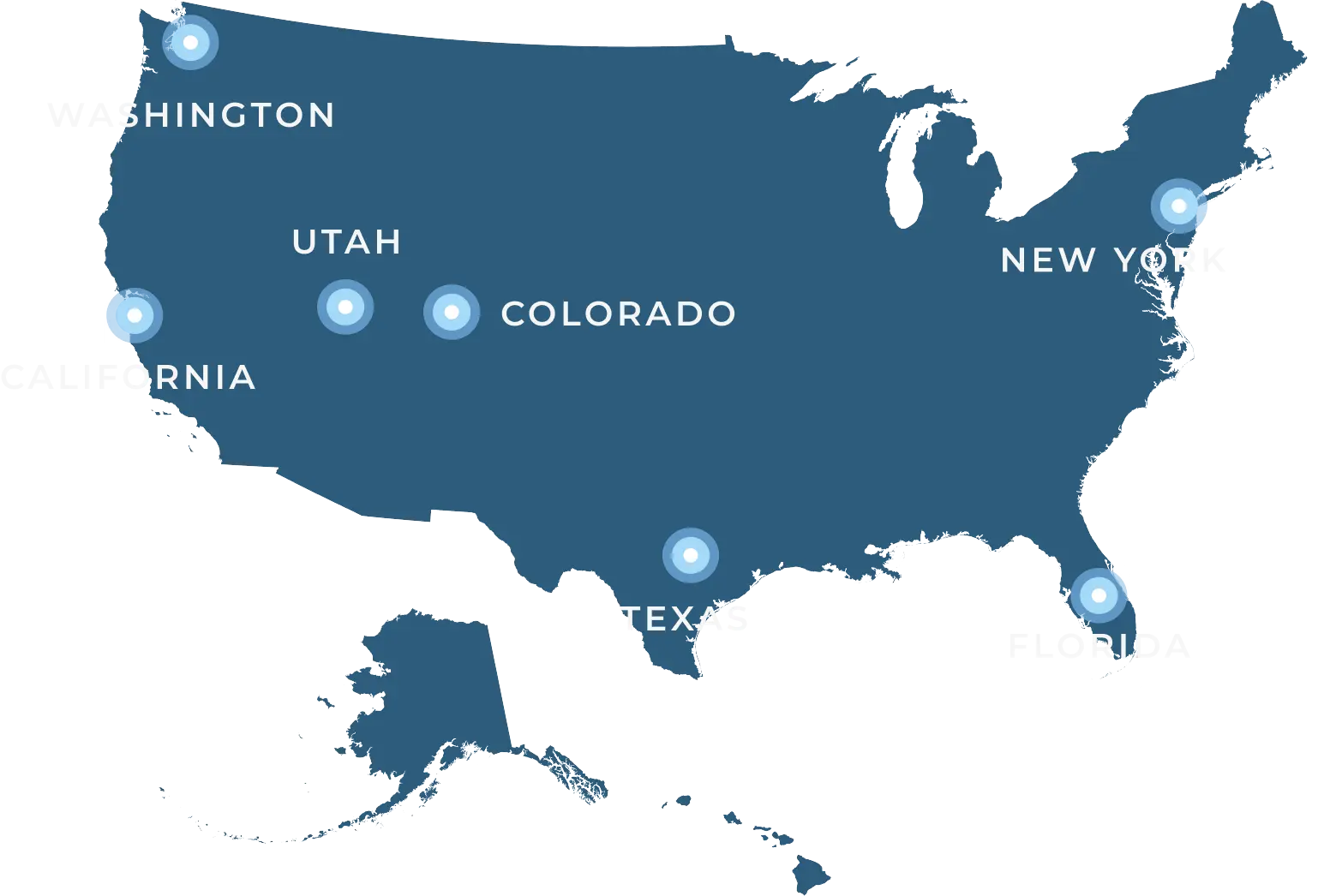 A simplified map of the USA highlighting Circulate locations.
